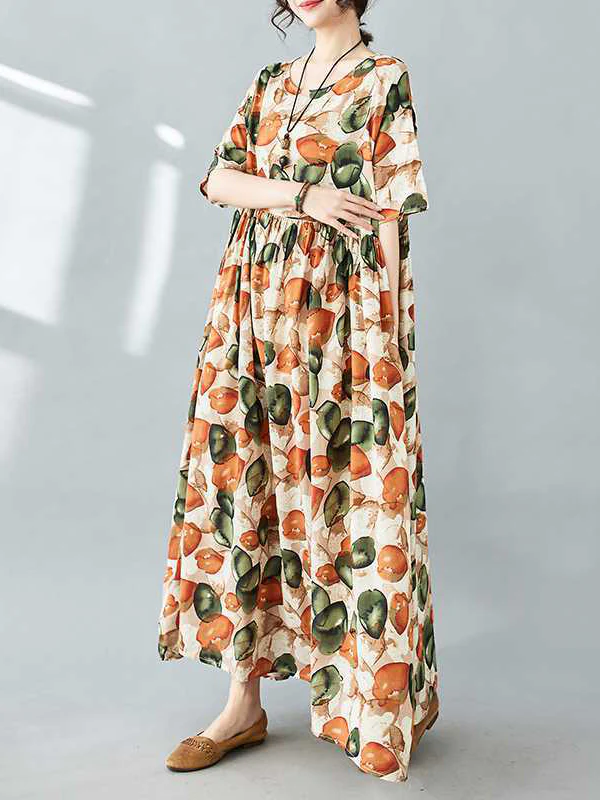 Half Sleeves Loose Pleated Printed Split-Joint Round-Neck Midi Dresses - Image 7