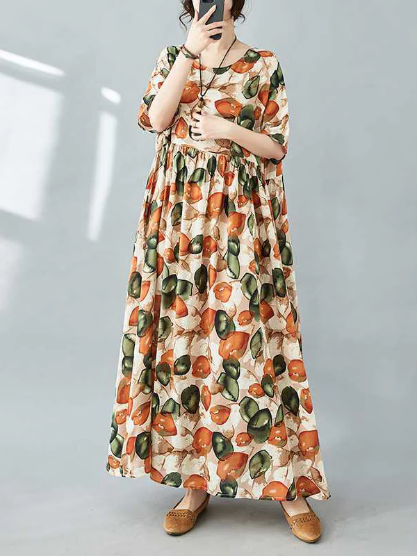 Half Sleeves Loose Pleated Printed Split-Joint Round-Neck Midi Dresses - Image 8