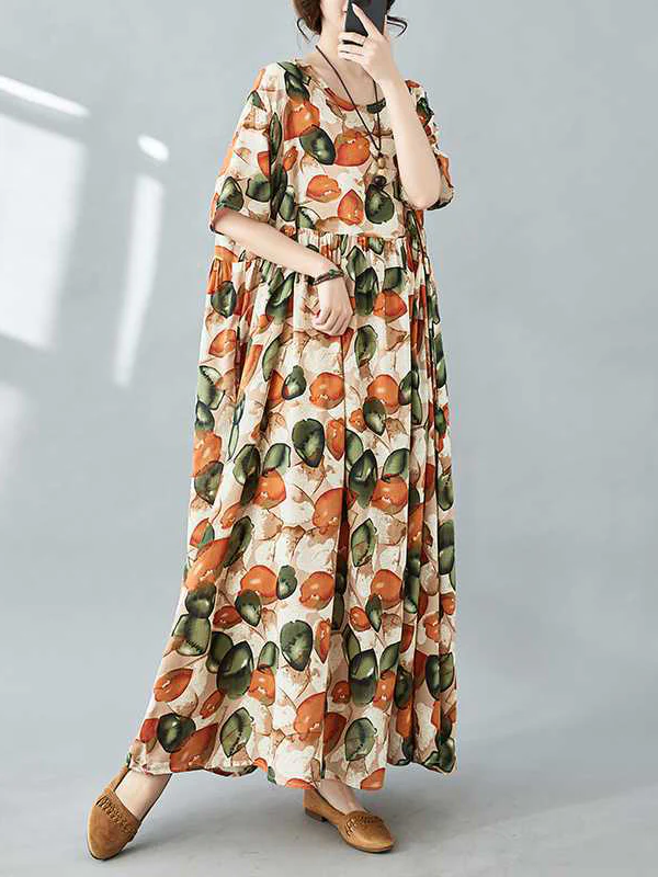 Half Sleeves Loose Pleated Printed Split-Joint Round-Neck Midi Dresses - Image 9
