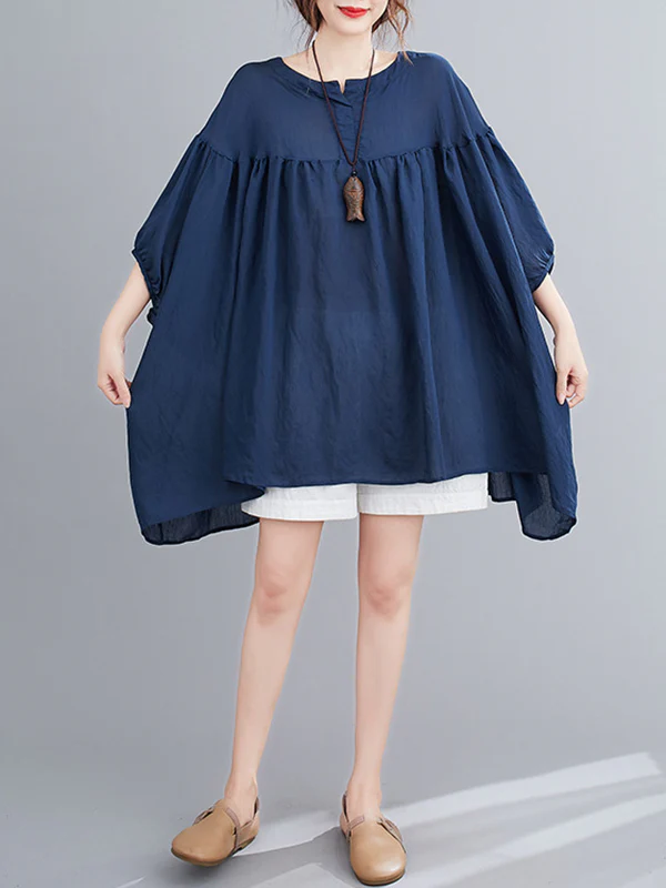 Half Sleeves Loose Pleated See-Through Solid Color Round-Neck Blouses&Shirts Tops - Image 10
