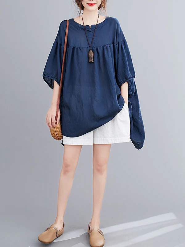 Half Sleeves Loose Pleated See-Through Solid Color Round-Neck Blouses&Shirts Tops - Image 11