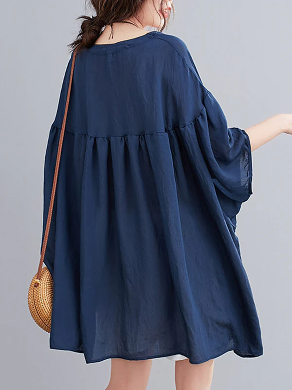Half Sleeves Loose Pleated See-Through Solid Color Round-Neck Blouses&Shirts Tops - Image 12