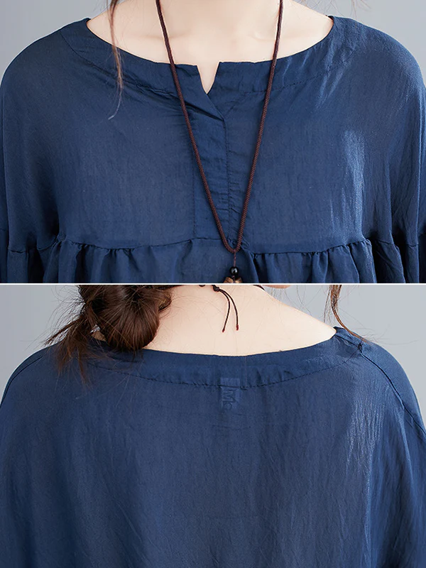 Half Sleeves Loose Pleated See-Through Solid Color Round-Neck Blouses&Shirts Tops - Image 13