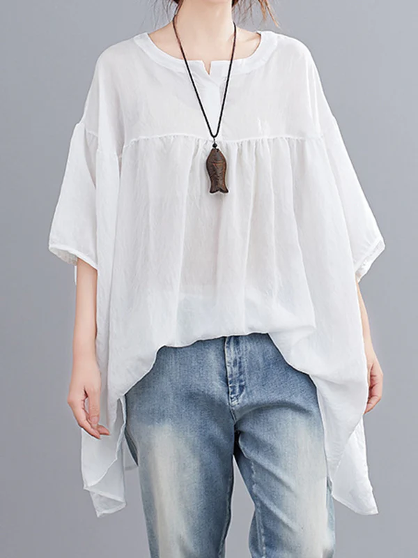 Half Sleeves Loose Pleated See-Through Solid Color Round-Neck Blouses&Shirts Tops - Image 2