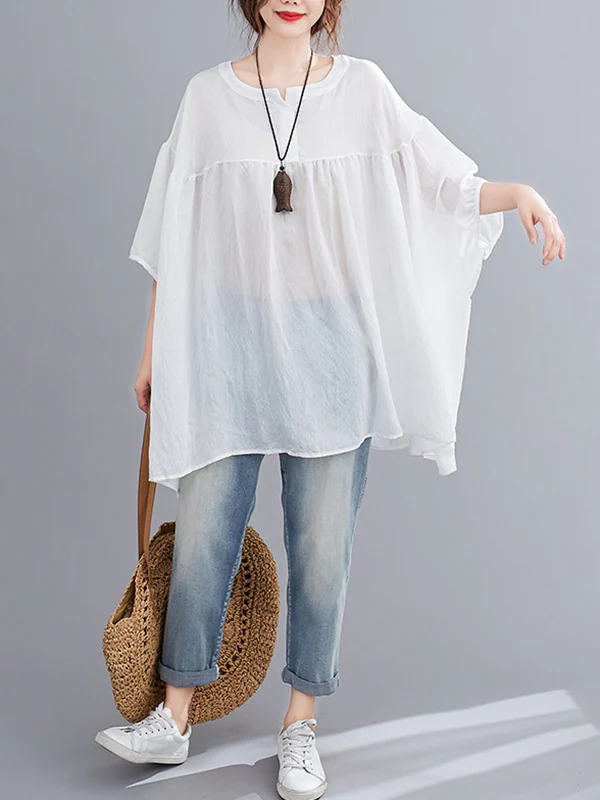 Half Sleeves Loose Pleated See-Through Solid Color Round-Neck Blouses&Shirts Tops - Image 3