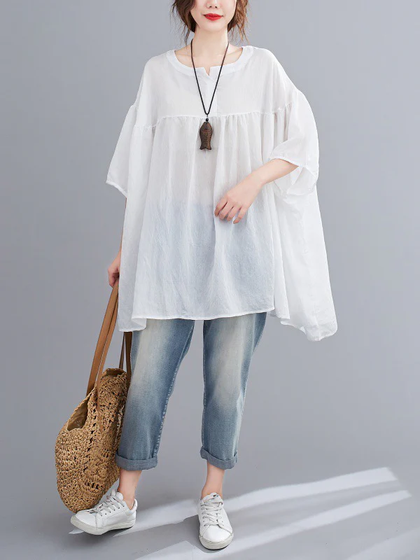Half Sleeves Loose Pleated See-Through Solid Color Round-Neck Blouses&Shirts Tops - Image 4