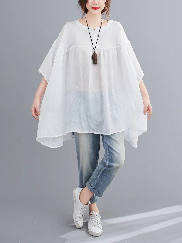 Half Sleeves Loose Pleated See-Through Solid Color Round-Neck Blouses&Shirts Tops - Image 5
