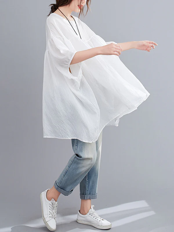Half Sleeves Loose Pleated See-Through Solid Color Round-Neck Blouses&Shirts Tops - Image 6