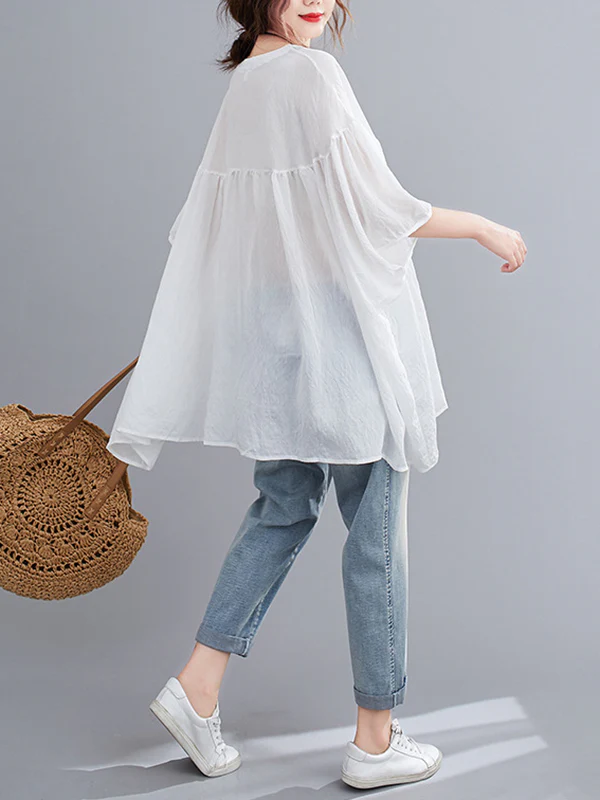 Half Sleeves Loose Pleated See-Through Solid Color Round-Neck Blouses&Shirts Tops - Image 7