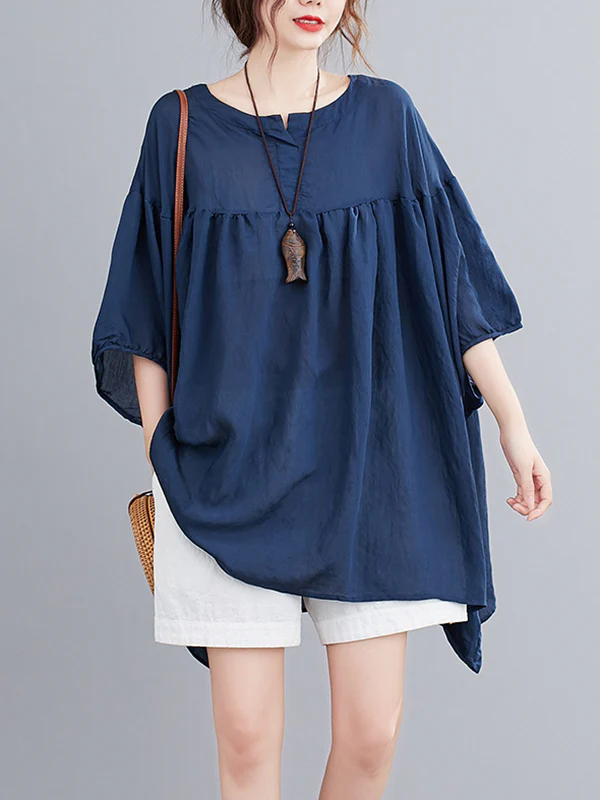 Half Sleeves Loose Pleated See-Through Solid Color Round-Neck Blouses&Shirts Tops - Image 8