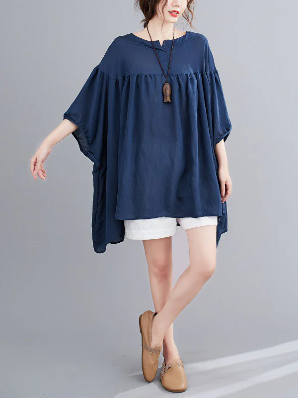Half Sleeves Loose Pleated See-Through Solid Color Round-Neck Blouses&Shirts Tops - Image 9