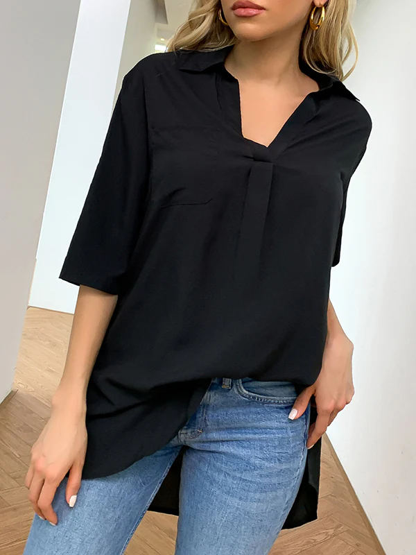 Half Sleeves Loose Pleated Solid Color Split-Joint Split-Side Lapel Blouses&Shirts Tops - Image 2