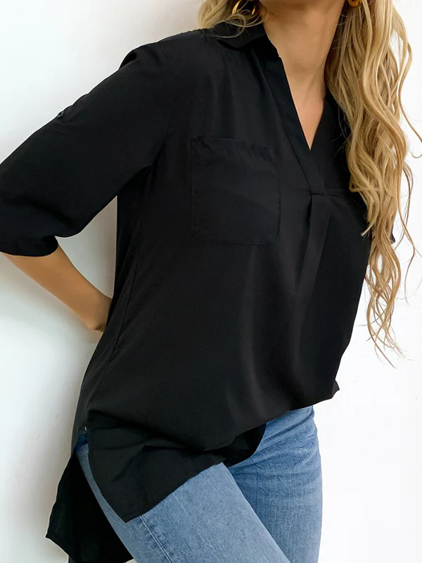 Half Sleeves Loose Pleated Solid Color Split-Joint Split-Side Lapel Blouses&Shirts Tops - Image 3
