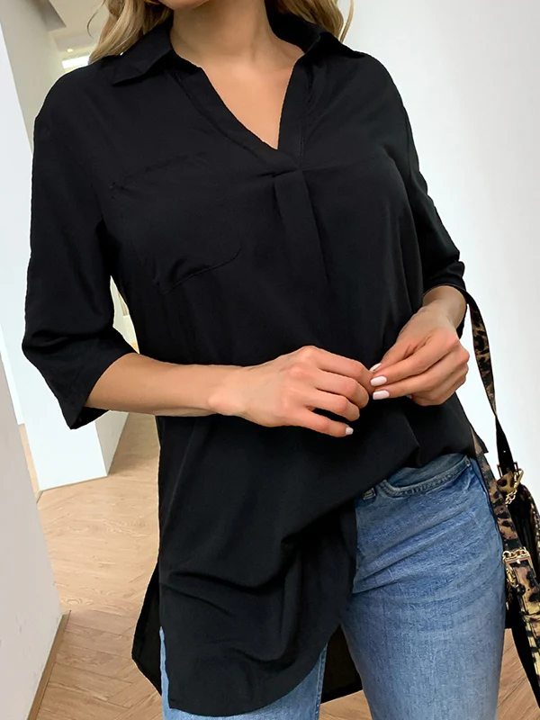 Half Sleeves Loose Pleated Solid Color Split-Joint Split-Side Lapel Blouses&Shirts Tops - Image 4