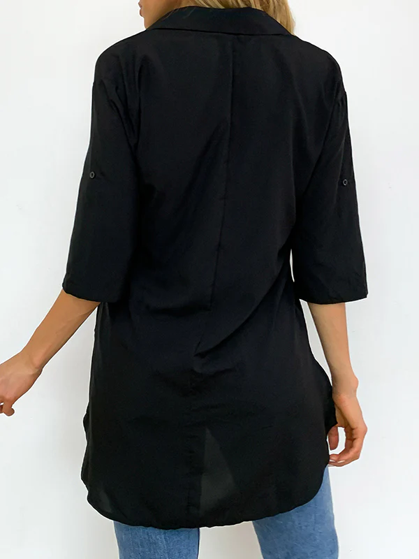 Half Sleeves Loose Pleated Solid Color Split-Joint Split-Side Lapel Blouses&Shirts Tops - Image 5