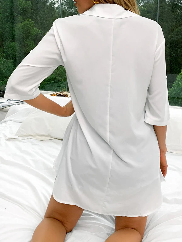 Half Sleeves Loose Pleated Solid Color Split-Joint Split-Side Lapel Blouses&Shirts Tops - Image 6