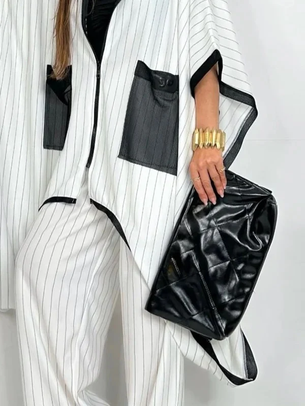 Half Sleeves Loose Pockets Striped Zipper Lapel Blouses&Shirts Tops Outerwear - Image 3