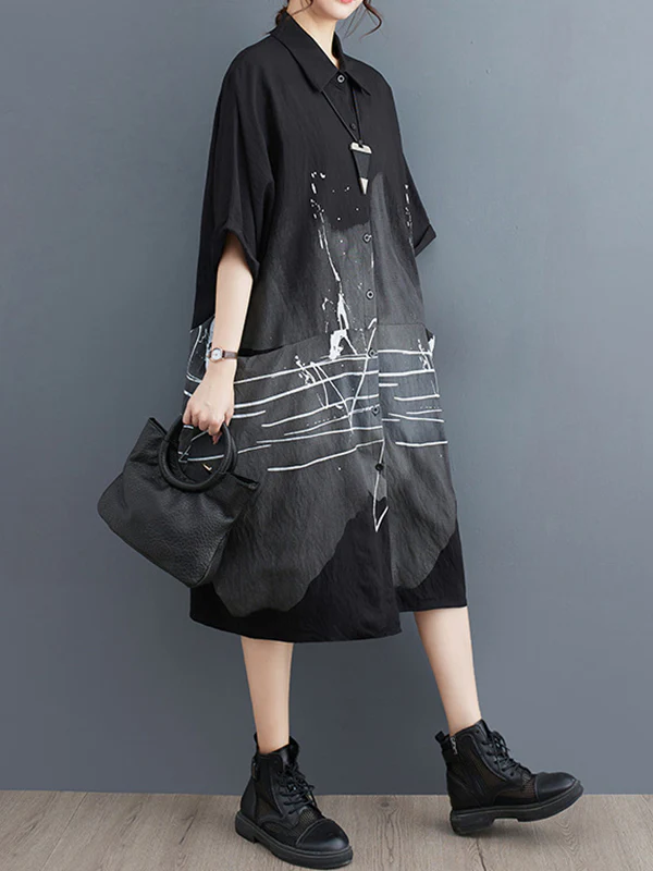 Half Sleeves Loose Printed Lapel Midi Dresses - Image 10