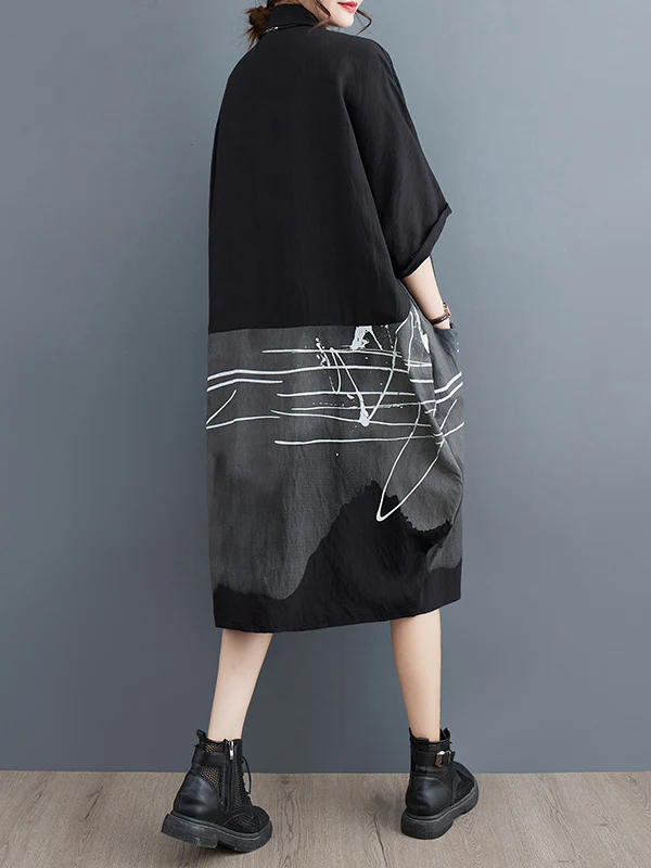 Half Sleeves Loose Printed Lapel Midi Dresses - Image 11