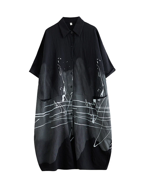 Half Sleeves Loose Printed Lapel Midi Dresses - Image 12