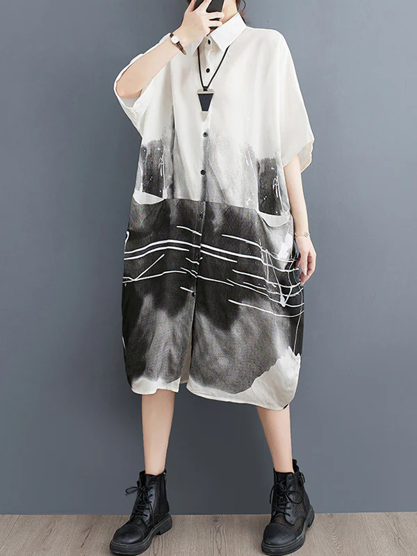 Half Sleeves Loose Printed Lapel Midi Dresses - Image 2