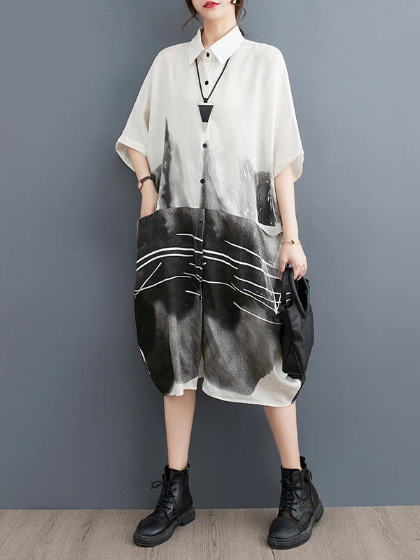 Half Sleeves Loose Printed Lapel Midi Dresses - Image 3