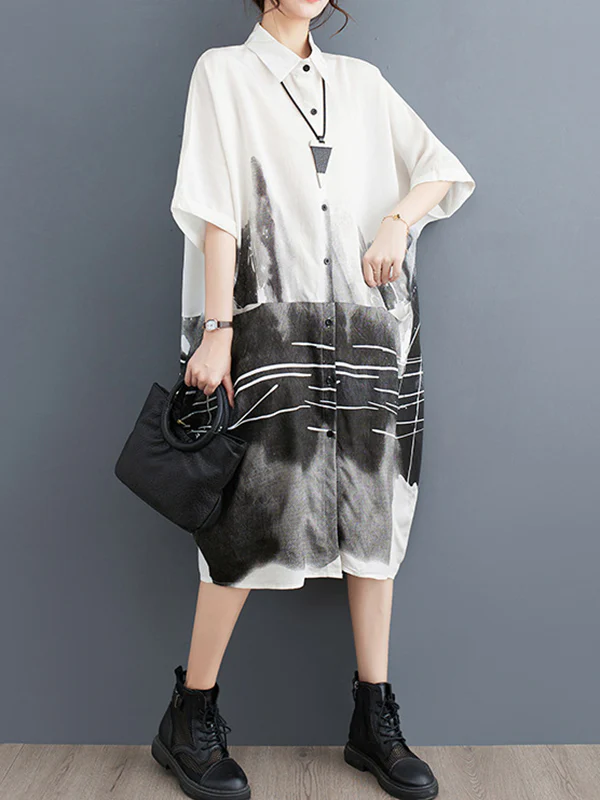 Half Sleeves Loose Printed Lapel Midi Dresses - Image 4