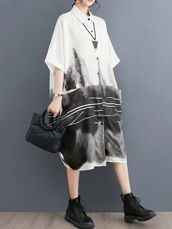 Half Sleeves Loose Printed Lapel Midi Dresses - Image 5