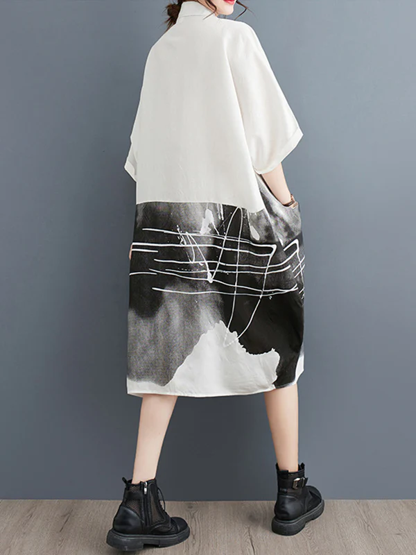 Half Sleeves Loose Printed Lapel Midi Dresses - Image 6