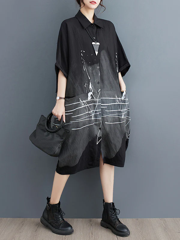 Half Sleeves Loose Printed Lapel Midi Dresses - Image 7