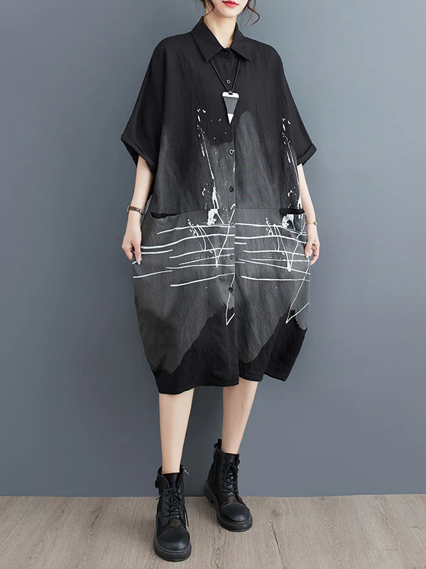 Half Sleeves Loose Printed Lapel Midi Dresses - Image 8