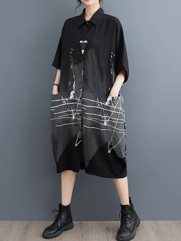 Half Sleeves Loose Printed Lapel Midi Dresses - Image 9