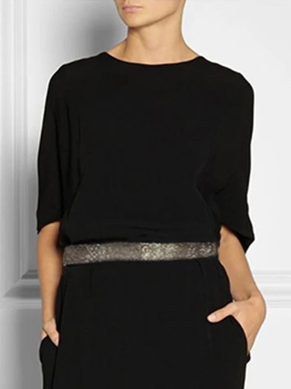 Half Sleeves Loose Rhine Stones Split-Joint Round-Neck Maxi Dresses - Image 2