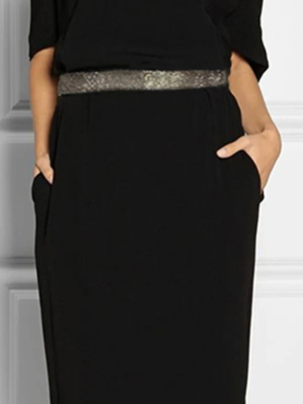 Half Sleeves Loose Rhine Stones Split-Joint Round-Neck Maxi Dresses - Image 3