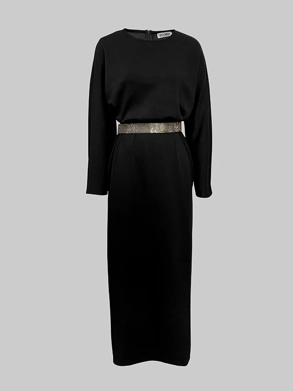 Half Sleeves Loose Rhine Stones Split-Joint Round-Neck Maxi Dresses - Image 4