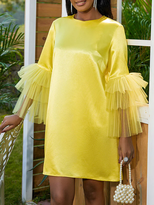Half Sleeves Loose Shiny Solid Color Split-Joint Tulle Round-Neck Mini Dresses - Image 2