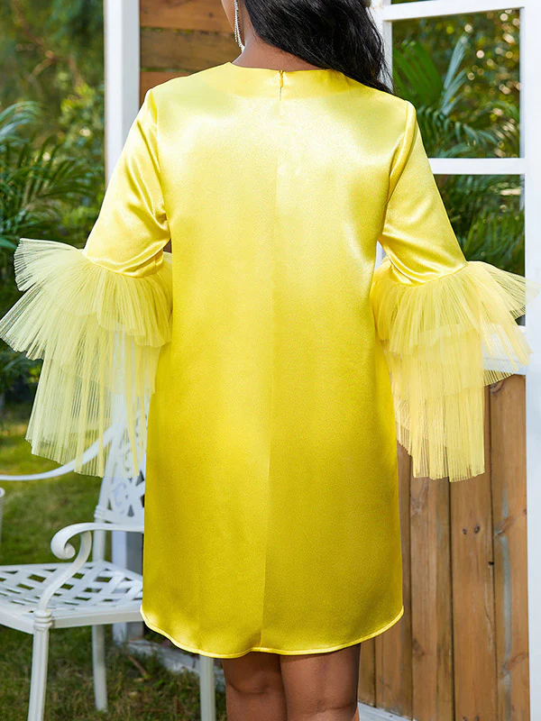 Half Sleeves Loose Shiny Solid Color Split-Joint Tulle Round-Neck Mini Dresses - Image 6