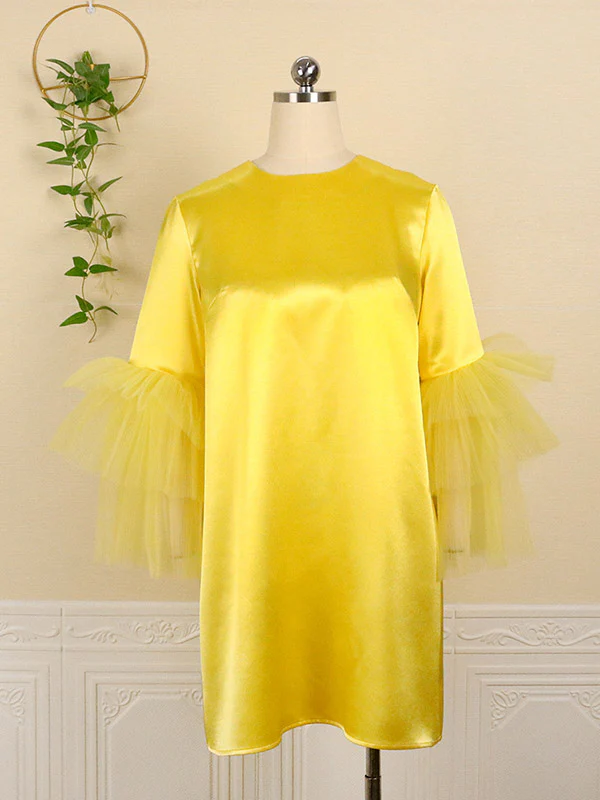 Half Sleeves Loose Shiny Solid Color Split-Joint Tulle Round-Neck Mini Dresses - Image 7