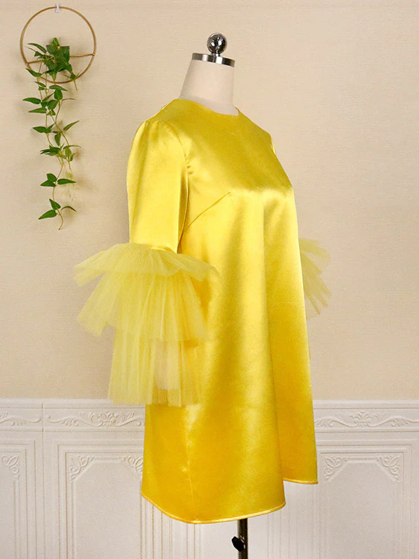 Half Sleeves Loose Shiny Solid Color Split-Joint Tulle Round-Neck Mini Dresses - Image 8