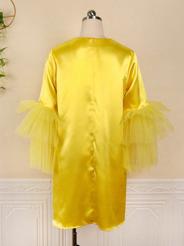 Half Sleeves Loose Shiny Solid Color Split-Joint Tulle Round-Neck Mini Dresses - Image 9