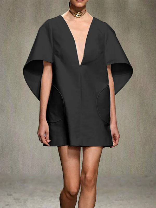 Half Sleeves Loose Solid Color Deep V-Neck Mini Dresses - Image 2