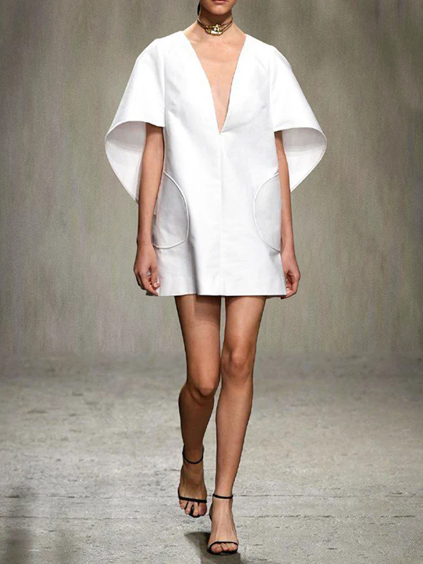 Half Sleeves Loose Solid Color Deep V-Neck Mini Dresses - Image 3
