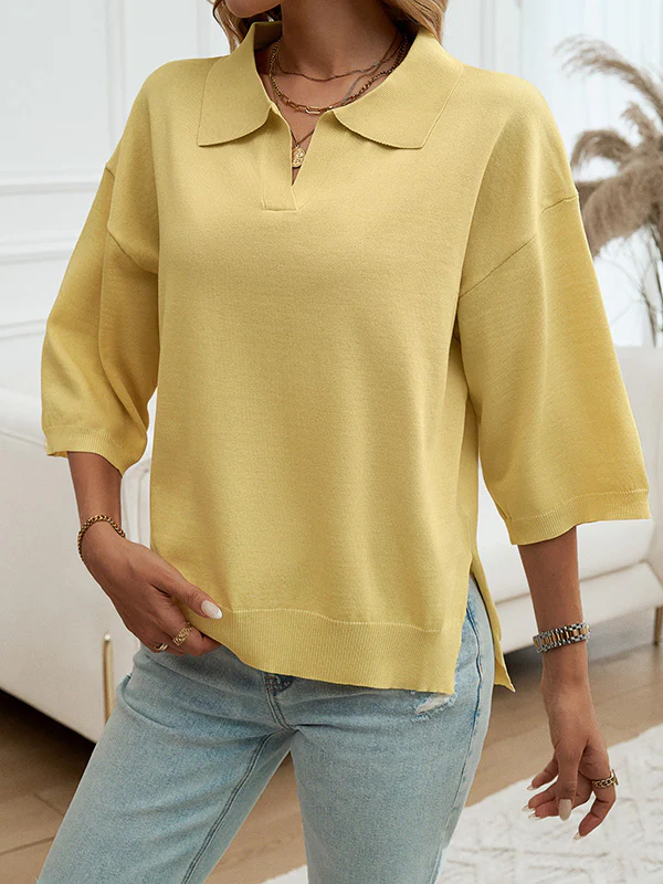 Half Sleeves Loose Solid Color Lapel Blouses&Shirts Tops Sweater Tops - Image 2