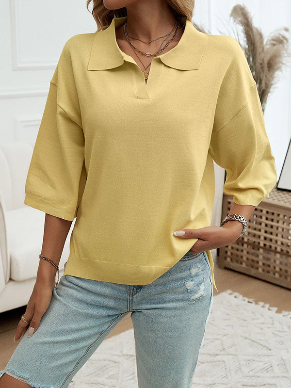 Half Sleeves Loose Solid Color Lapel Blouses&Shirts Tops Sweater Tops - Image 3