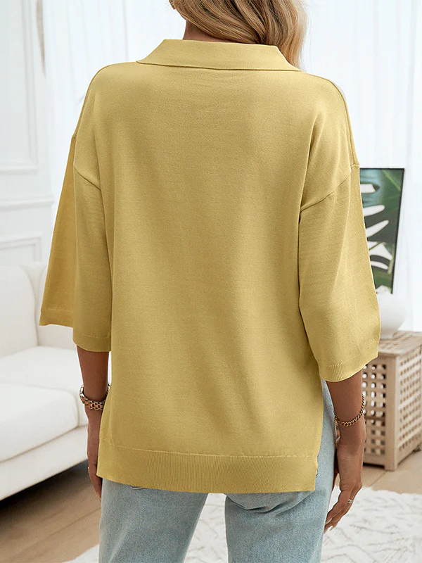 Half Sleeves Loose Solid Color Lapel Blouses&Shirts Tops Sweater Tops - Image 5