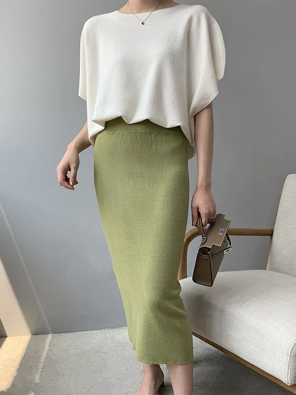 Half Sleeves Loose Solid Color Off-The-Shoulder Knitwear Pullovers Sweater Tops - Image 10