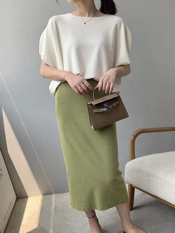 Half Sleeves Loose Solid Color Off-The-Shoulder Knitwear Pullovers Sweater Tops - Image 11