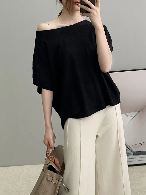 Half Sleeves Loose Solid Color Off-The-Shoulder Knitwear Pullovers Sweater Tops - Image 13