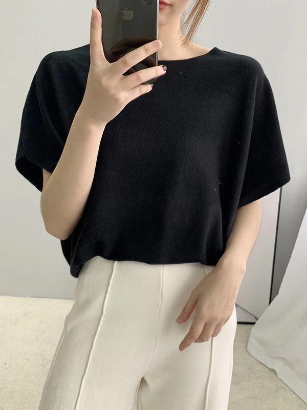 Half Sleeves Loose Solid Color Off-The-Shoulder Knitwear Pullovers Sweater Tops - Image 2