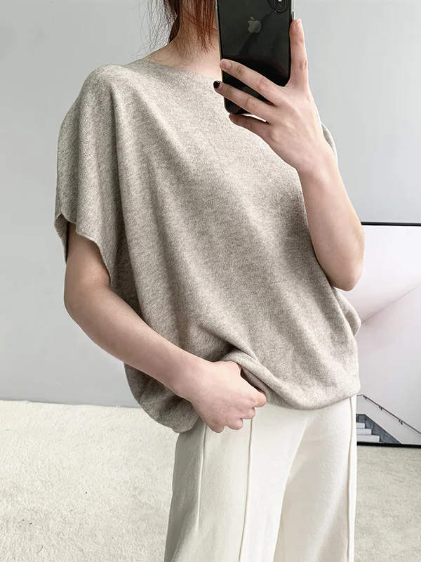 Half Sleeves Loose Solid Color Off-The-Shoulder Knitwear Pullovers Sweater Tops - Image 3